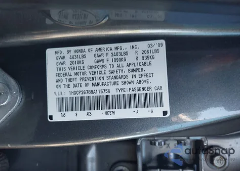 2009 Honda Accord 2.4 Ex from USA, damaged, VIN 1HGCP26789A115754